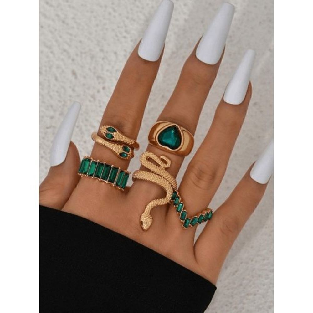 Gold Emerald Gothic Punk Snake Stackable Ring Set - 5 Piece